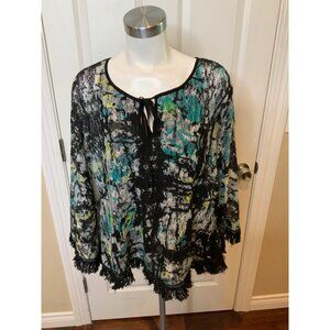 Alberto Makali Black, Blue & Yellow Knit Poncho Fringe Trim, NWT! Size Large